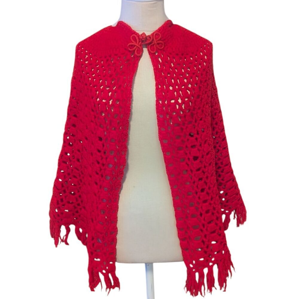 Vintage Poncho Crochet Knit Cape Boho Hippie Festival Handmade 1970’s Coastal